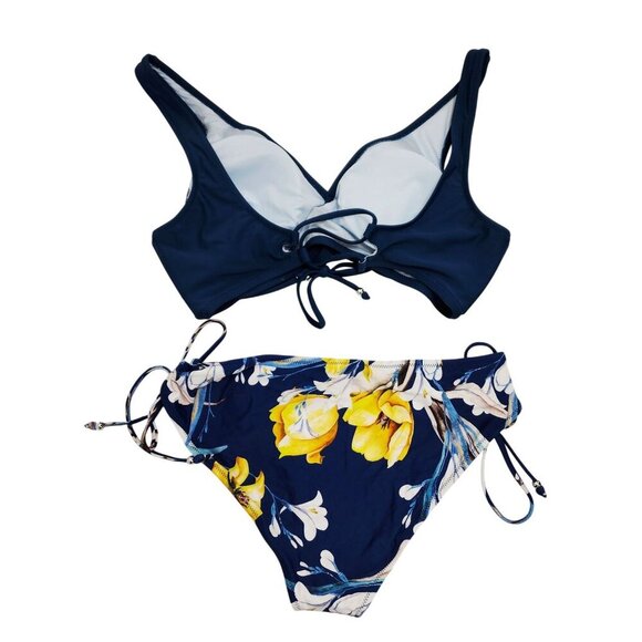 Blue Floral Bikini Set Wrap Bikini Top & Tie Side Bottoms Womens Swimsuit XL - Picture 4 of 5